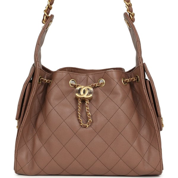 Chanel Small 25 Hobo Bag Brown Caviar Antique Gold Hardware