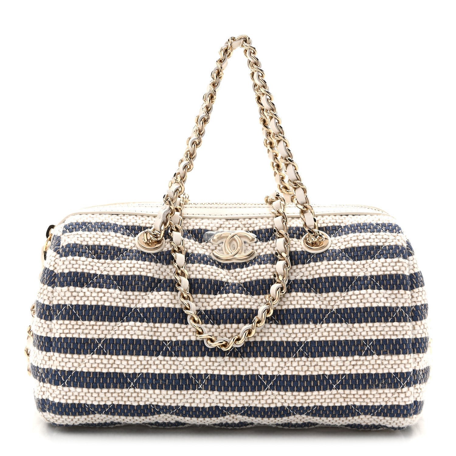 Chanel Printed Fabric Clutch With Chain Light Beige Dark Blue