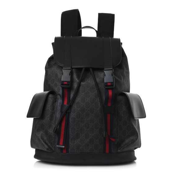 Gucci Soft GG Supreme Monogram Calfskin Web Double Buckle Backpack Black
