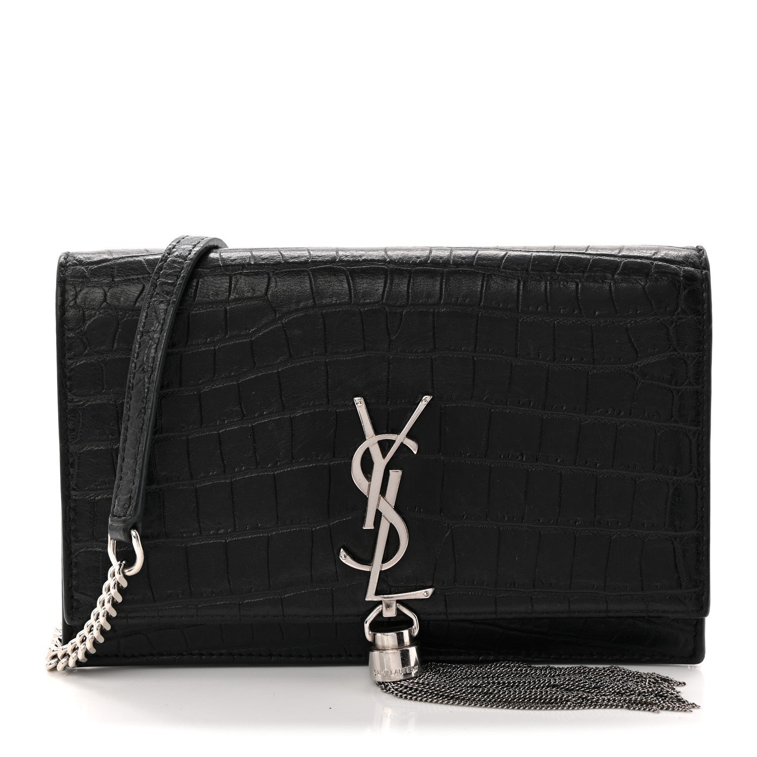 Saint Laurent Calfskin Crocodile Embossed Kate Monogram Tassel Chain Wallet Black