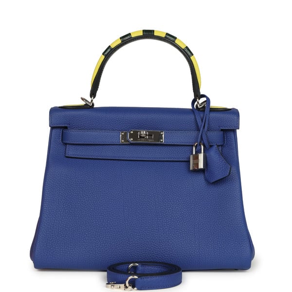 Hermes Pre-owned Hermes Au Trot Kelly Retourne 28 Bleu Electric Togo, Bleu Indigo, Lime, Vert Fonce Box Calf and Chevre Mysore Palladium Hardware