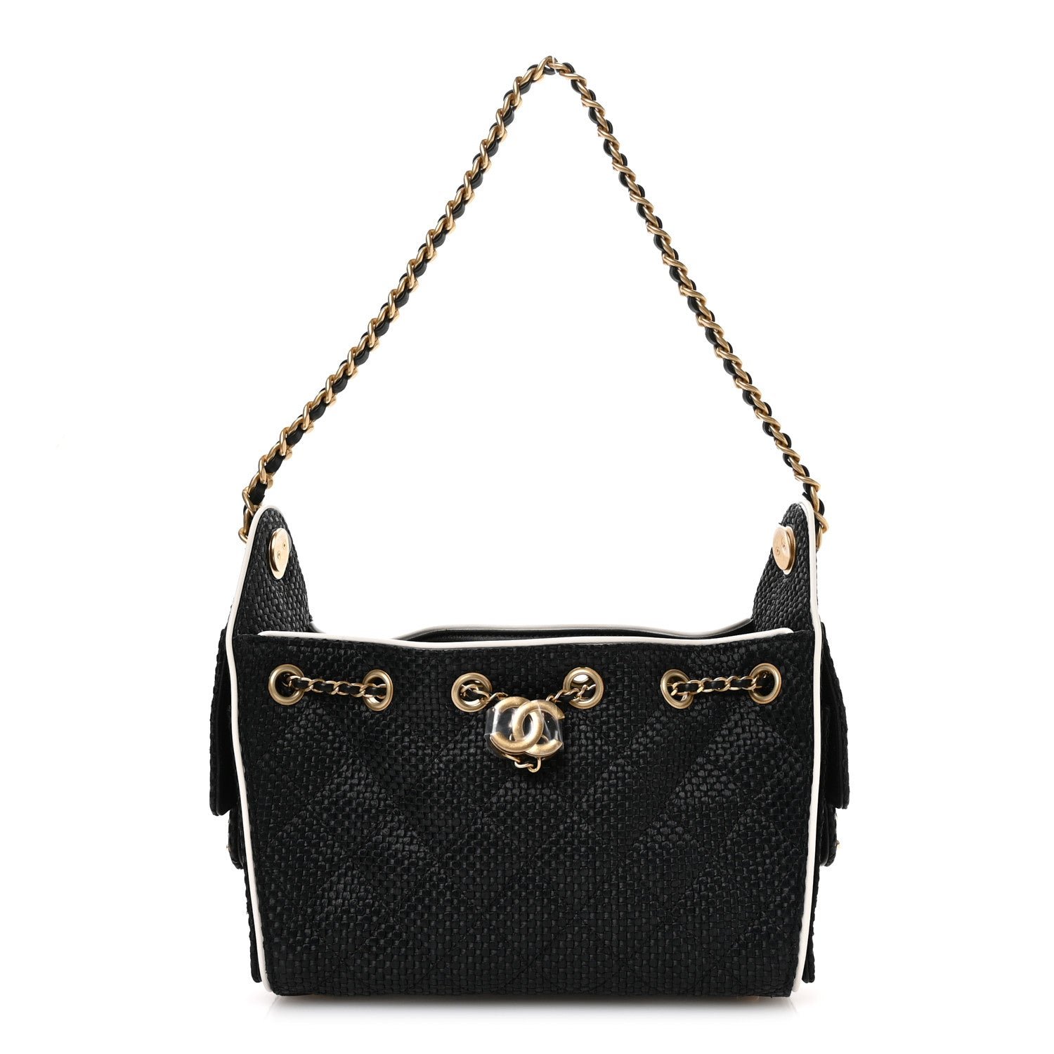 Chanel Braided Raffia Calfskin Quilted Mini Chanel 25 Handbag Black White