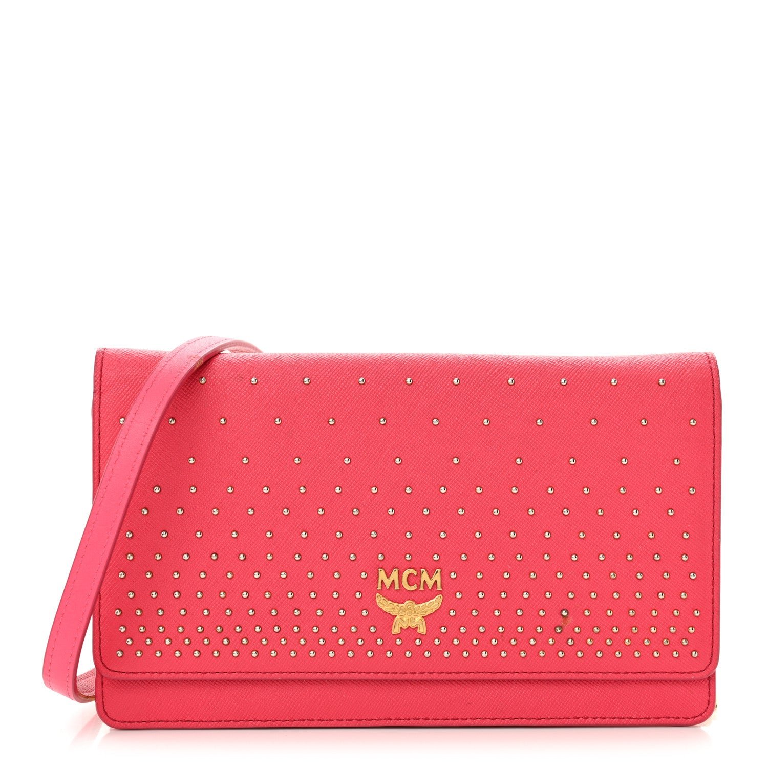 MCM Saffiano Studded Wallet On Chain Pink