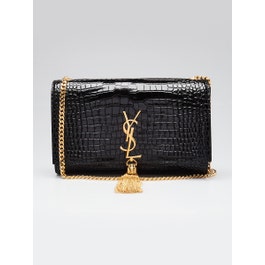 Saint Laurent Yves Saint Laurent Black Croc Embossed Leather Monogram Medium Kate Tassel Bag