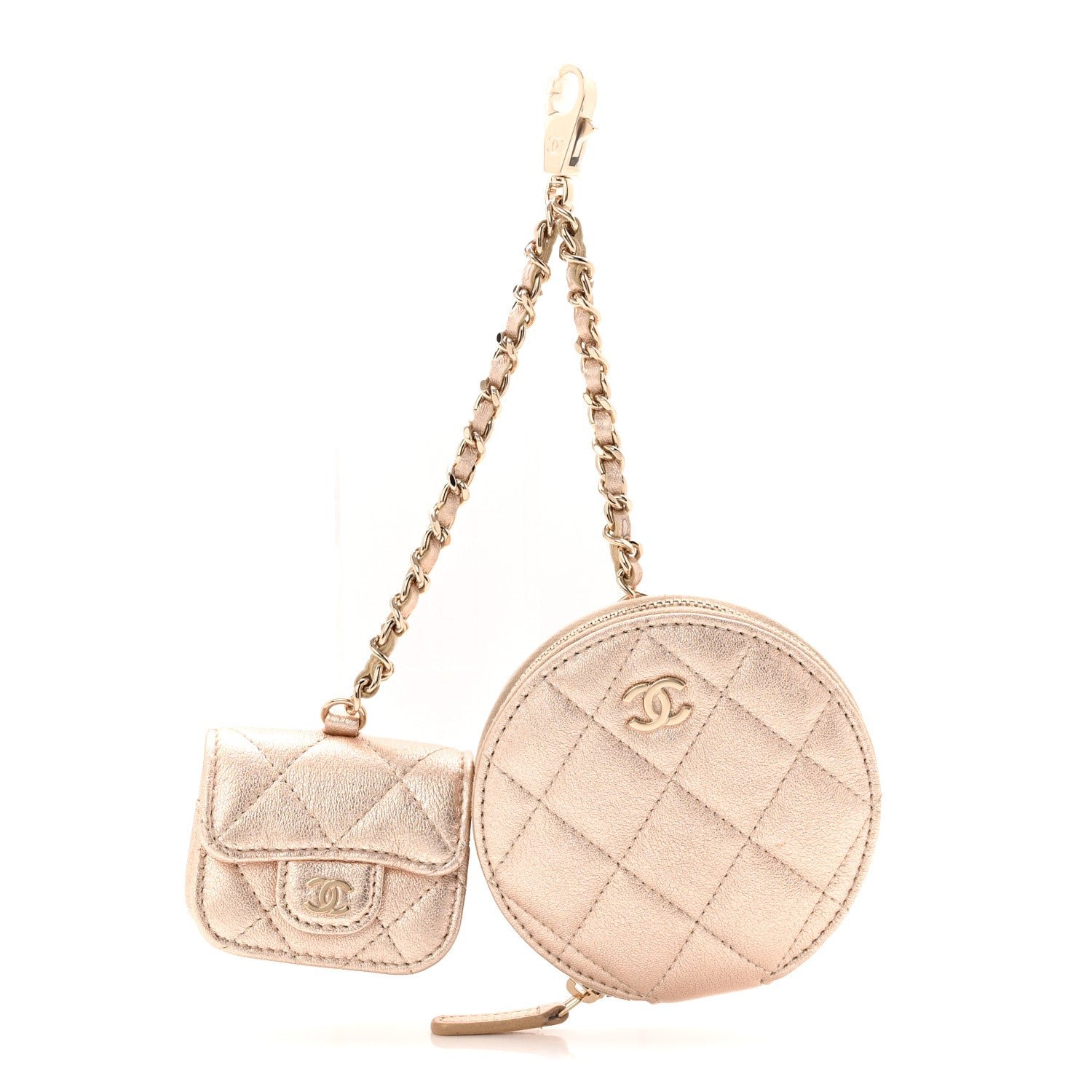 Chanel Metallic Lambskin Quilted Round Clip On Coin Purse Airpods Case Gold