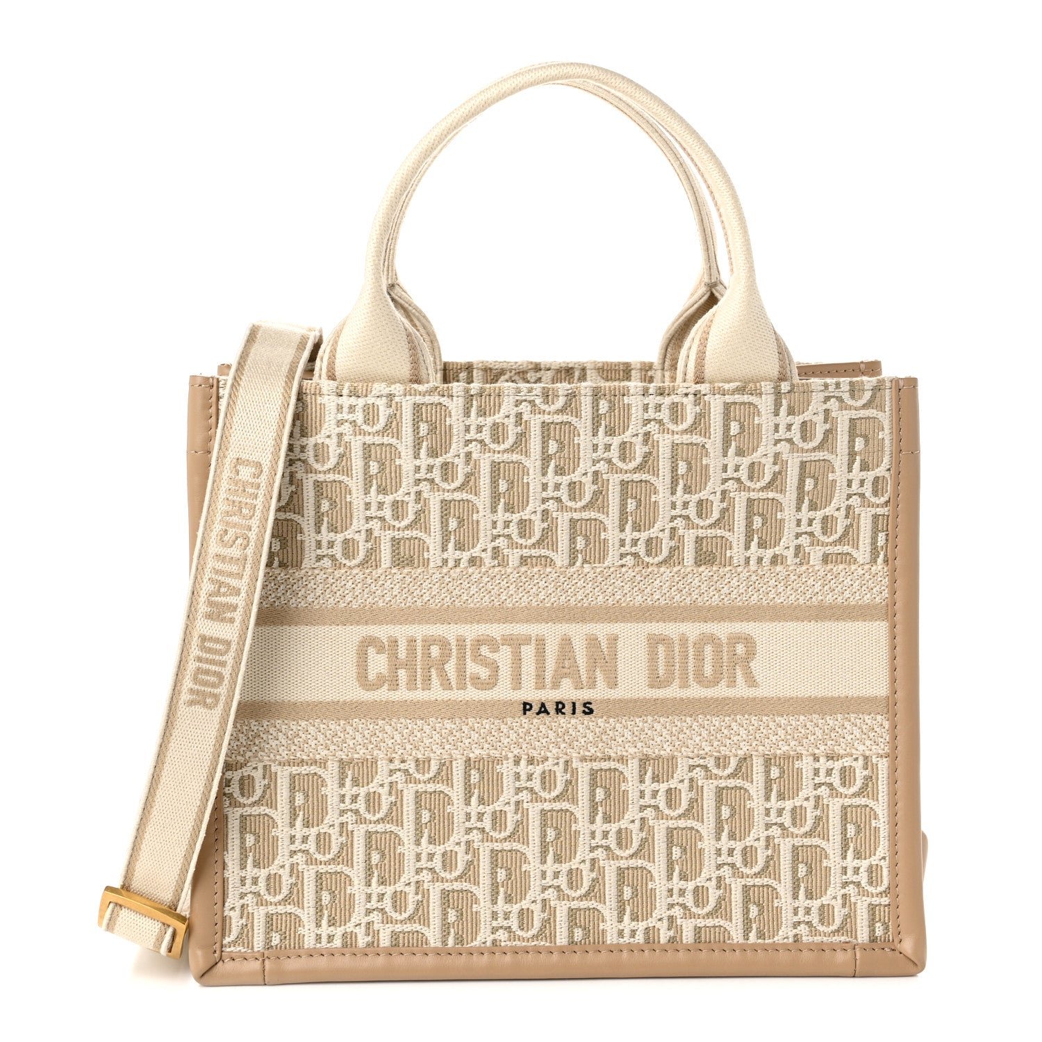 Christian Dior Oblique Chambray Calfskin Small Book Tote With Strap Gold Natural