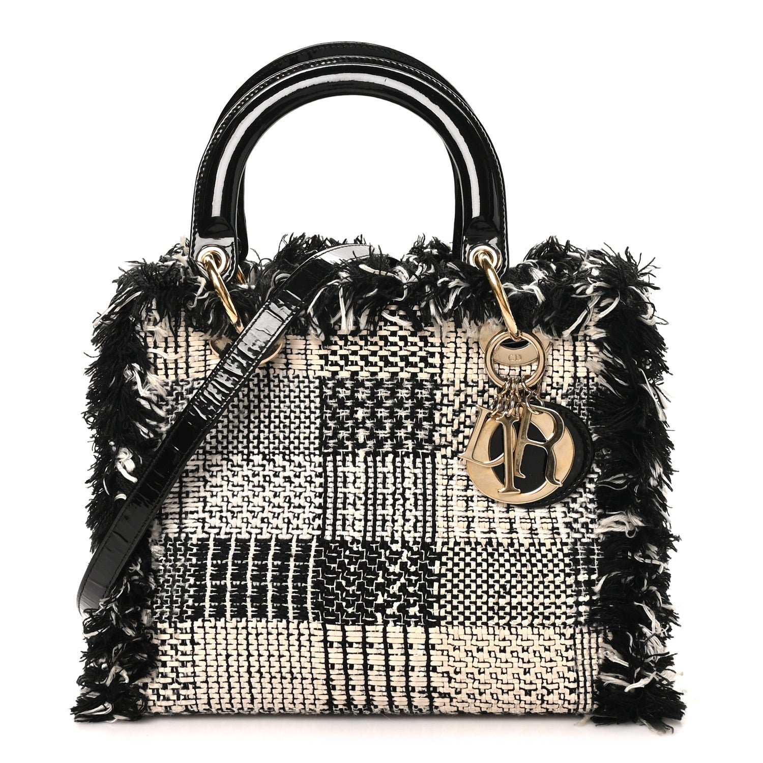 Christian Dior Tweed Fringe Medium Lady Dior White Black