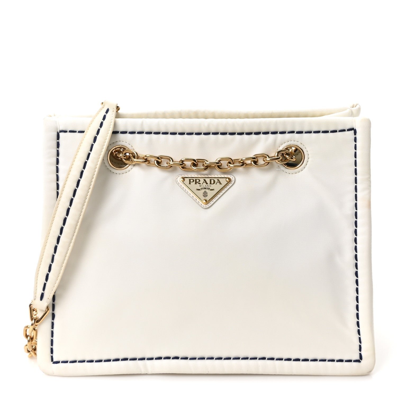 Prada Tessuto Nylon Triangle Chain Tote White