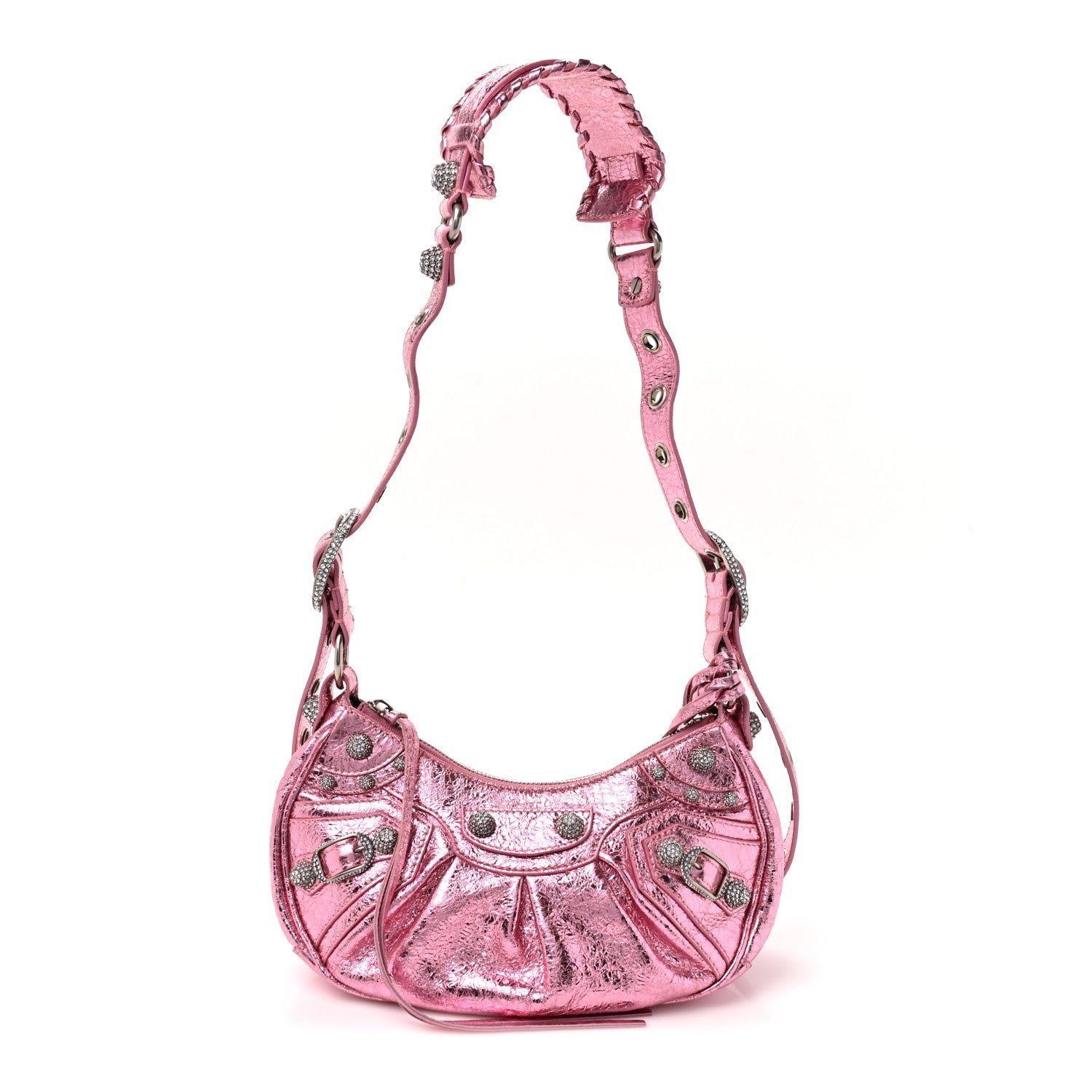 Balenciaga Metallic Agneau Arena Crystal Le Cagole Shoulder Bag XS Met Pink