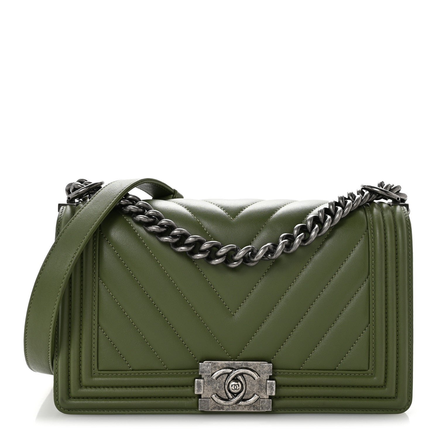 Chanel Calfskin Chevron Quilted Medium Boy Flap Dark Green