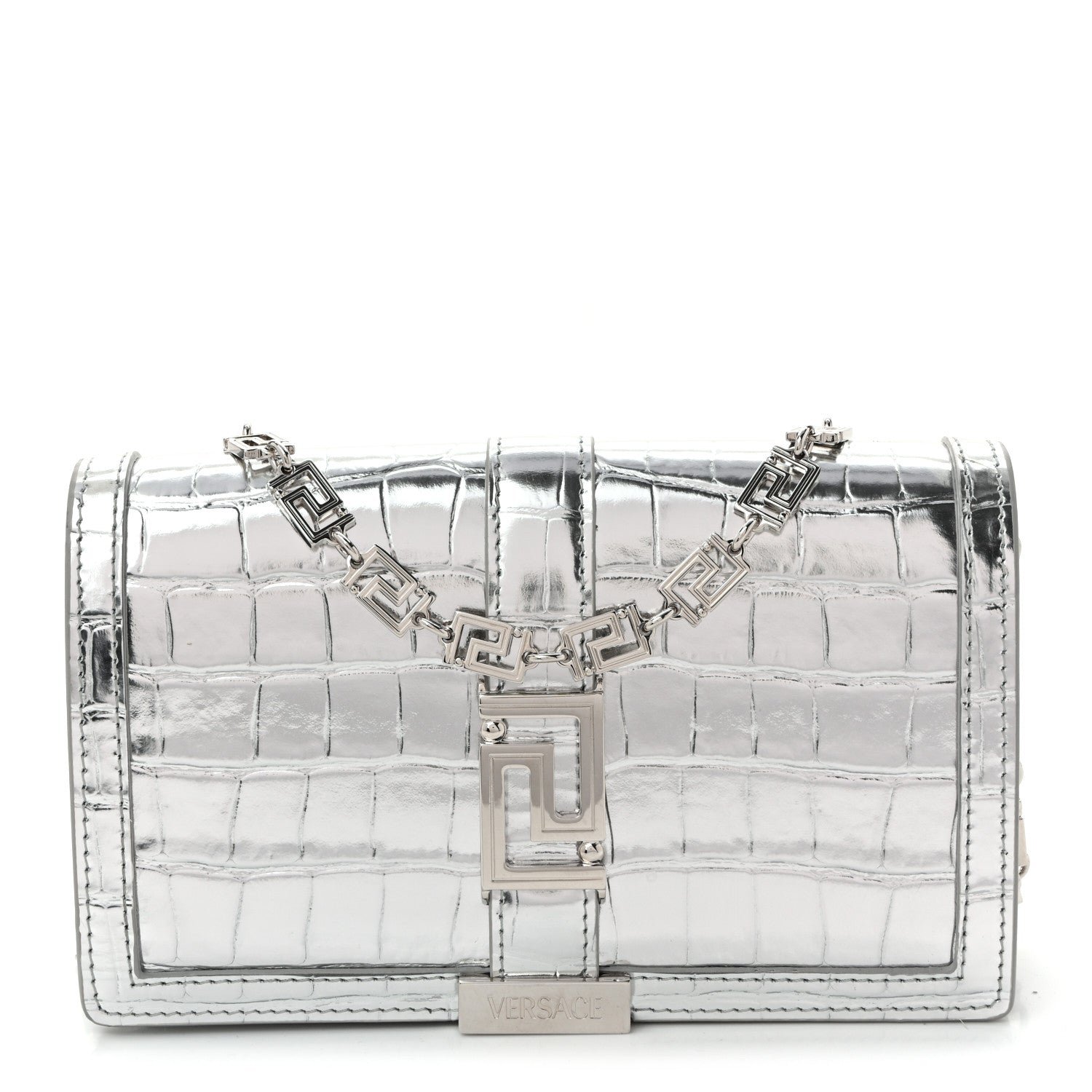 Versace Metallic Crocodile Embossed Calfskin Greca Goddess Wallet On Chain Silver