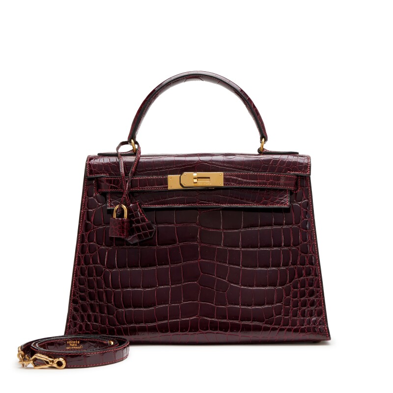 Vintage Rouge H Shiny Caiman Crocodile Sellier Kelly 28 Gold Hardware, 1981