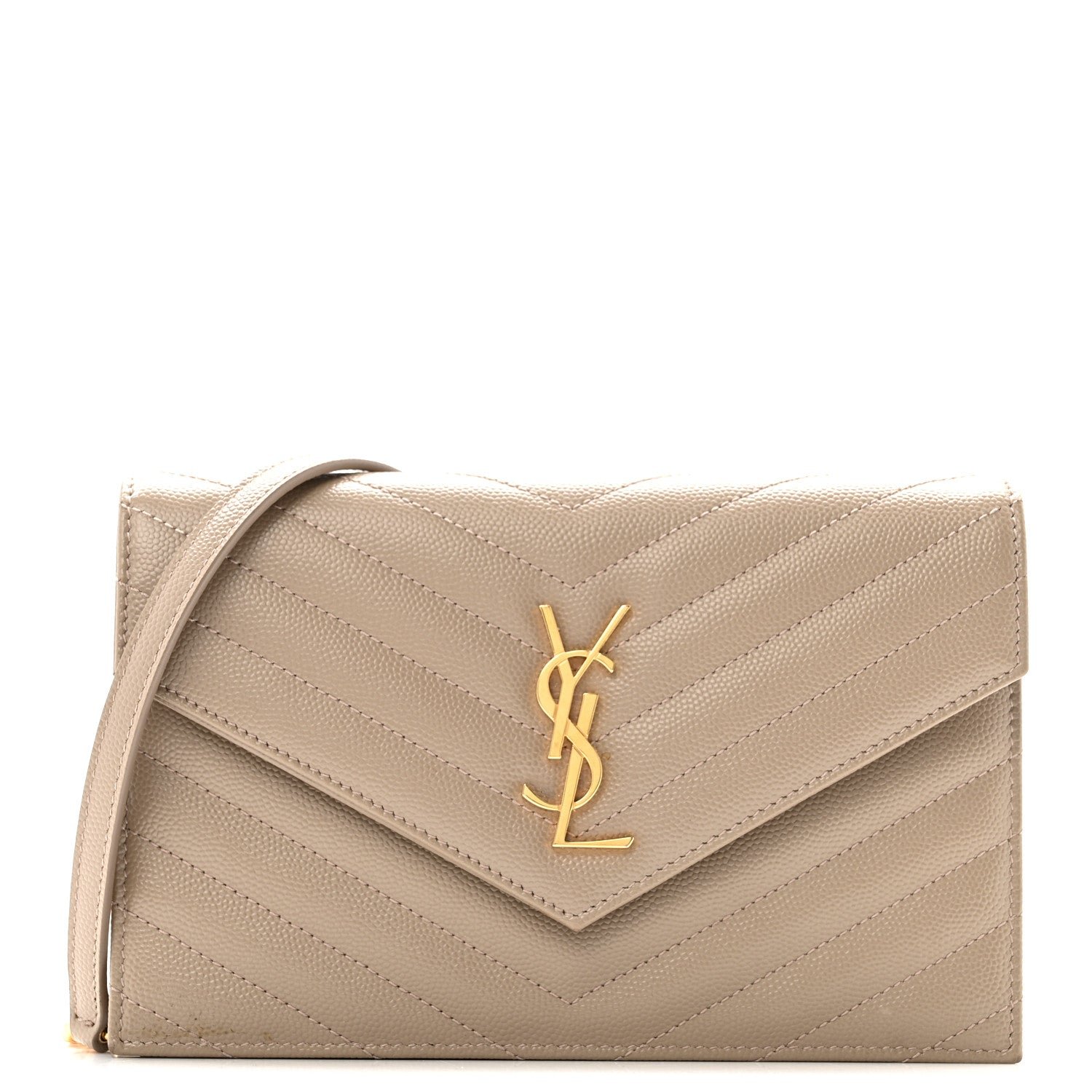 Saint Laurent Grain De Poudre Matelasse Chevron Monogram Envelope Chain Wallet Dark Beige