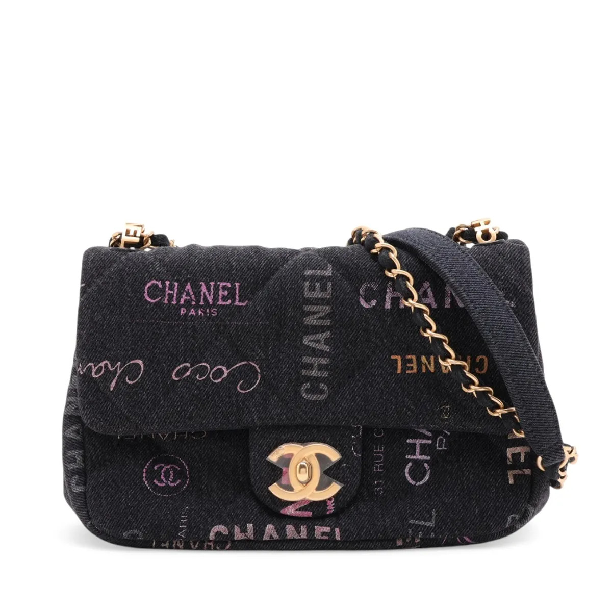 Chanel Matelasse Denim Chain Shoulder Bag Black x pink Gold Metal Fittings rando