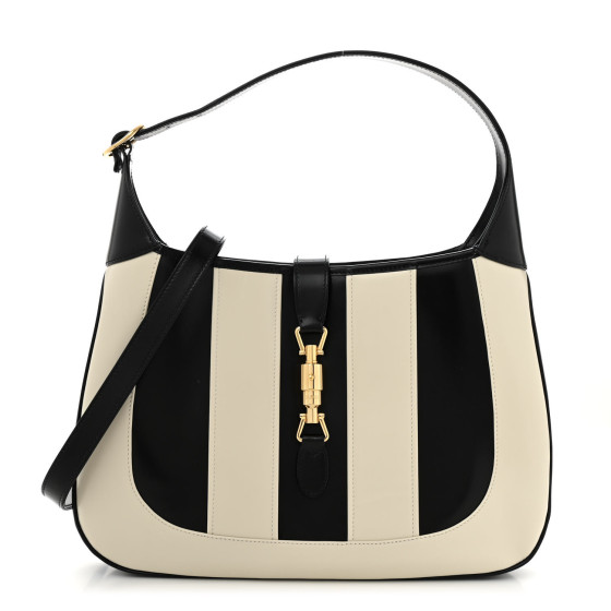 Gucci Boarded Dyana Lux Calfskin Striped Medium Jackie 1961 Hobo Black White
