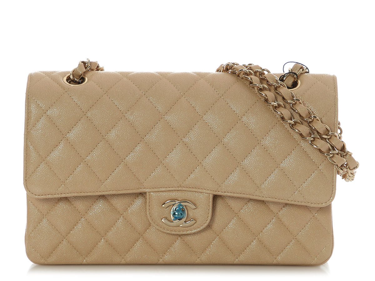 Chanel Medium/Large Iridescent Beige Quilted Caviar Classic Double Flap