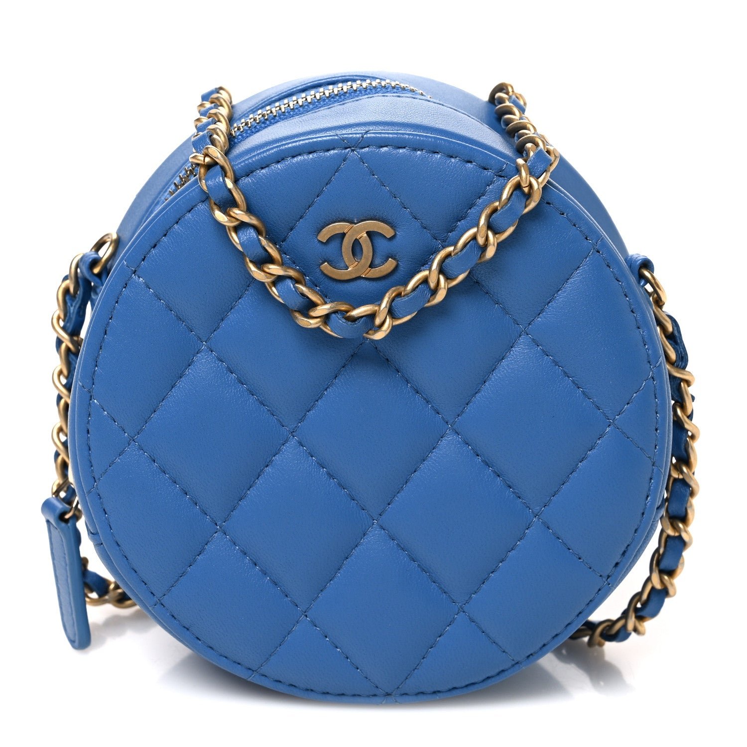 Chanel Lambskin Quilted Round Clutch With Chain Blue