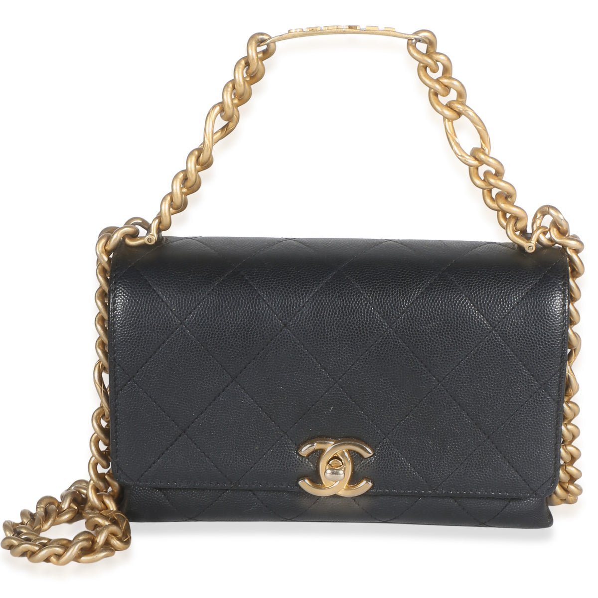 Black Quilted Caviar Mini Bracelet On Chain Flap Bag