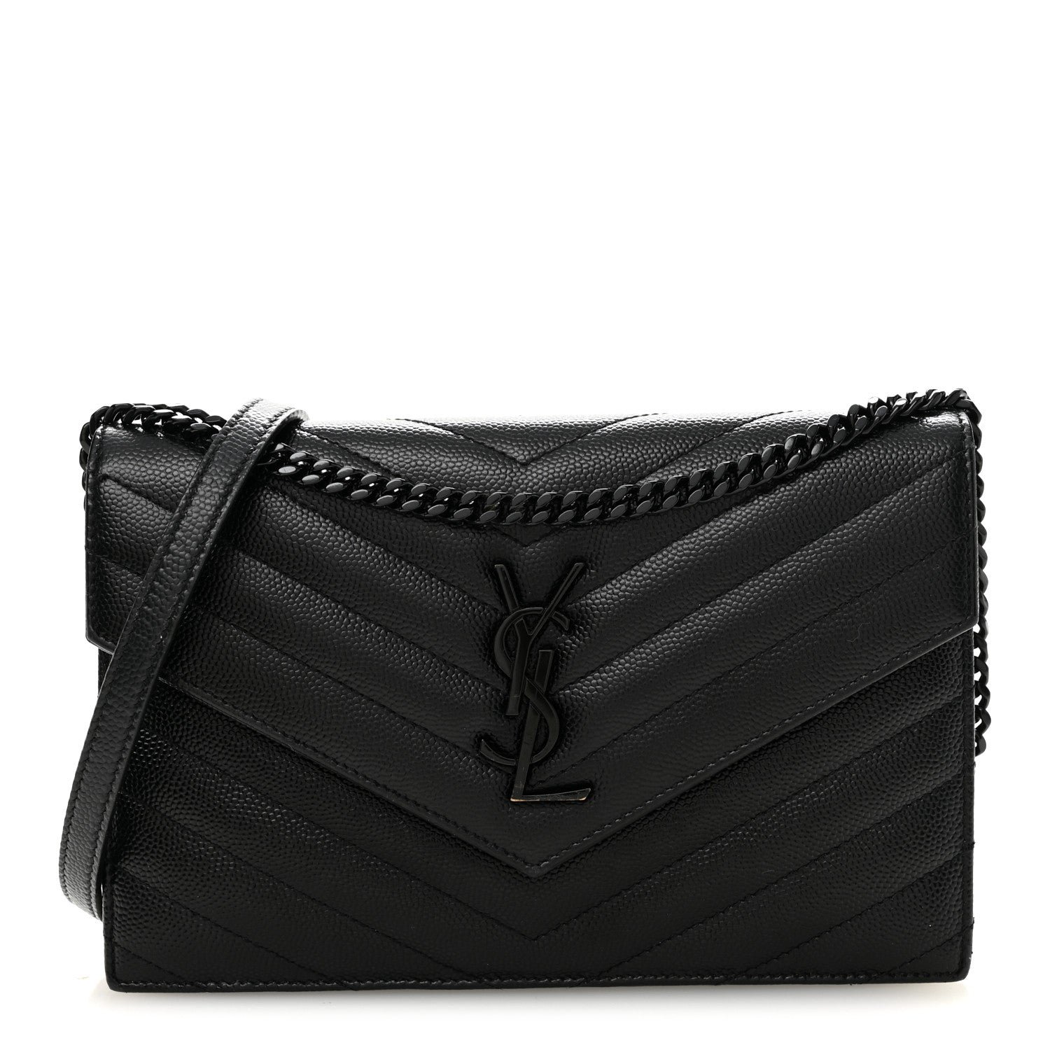 Saint Laurent Grain De Poudre Matelasse Chevron Monogram Monochrome Envelope Chain Wallet Black