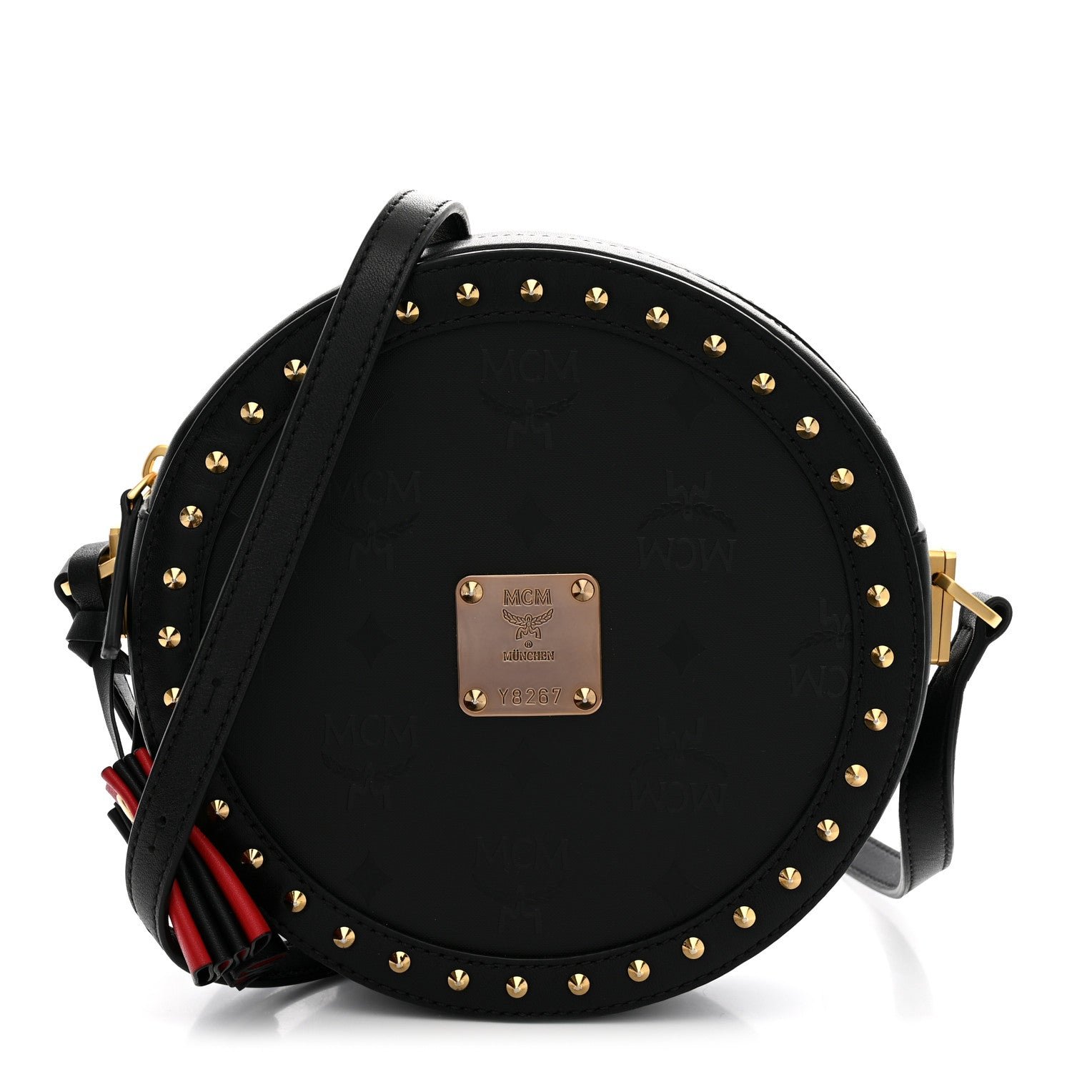 MCM Monogram Coated Canvas Studded Berlin Tambourine Round Crossbody Black