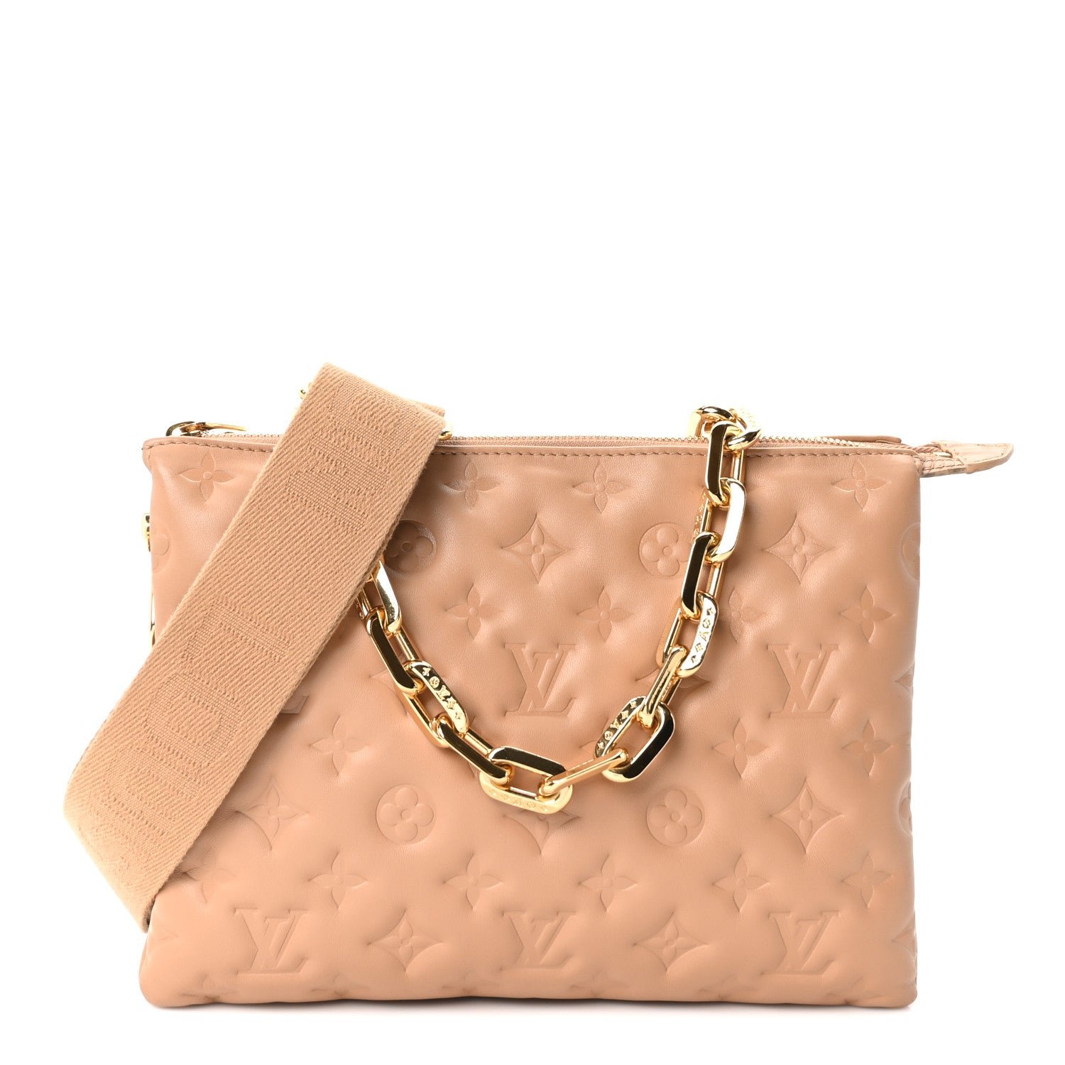 Louis Vuitton Lambskin Embossed Monogram Coussin PM Camel