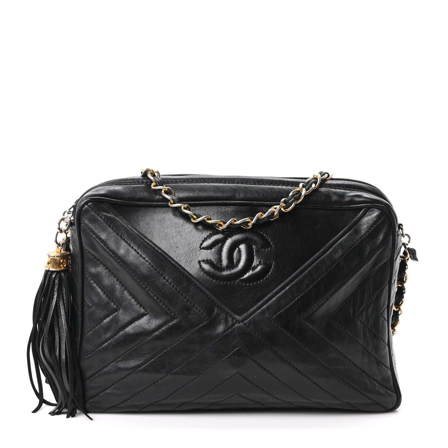 Chanel Lambskin Quilted CC Tassel Camera Case Black