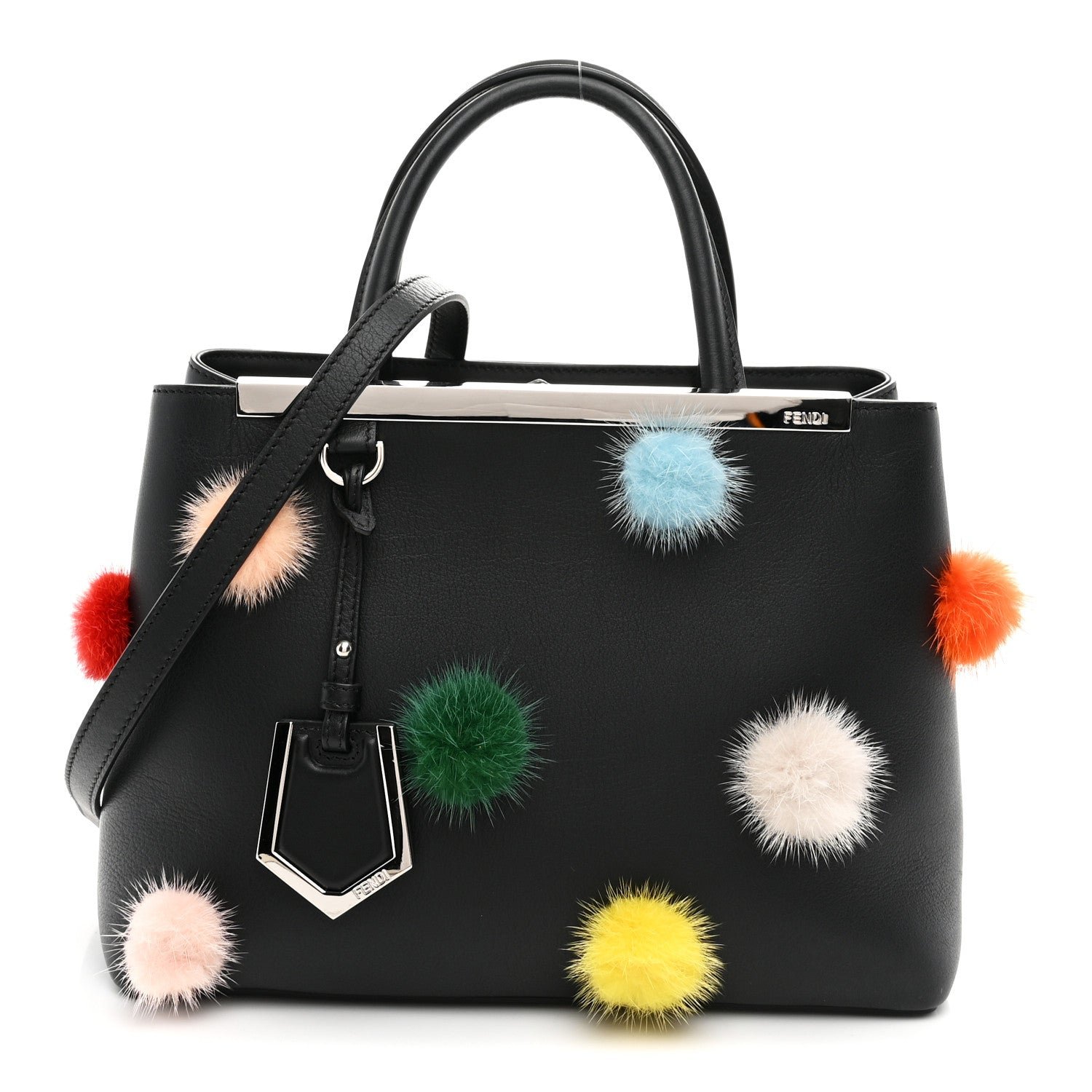Fendi Vitello Dolce Mink Fur Pom Pom Petite 2Jours Tote Black Multicolor