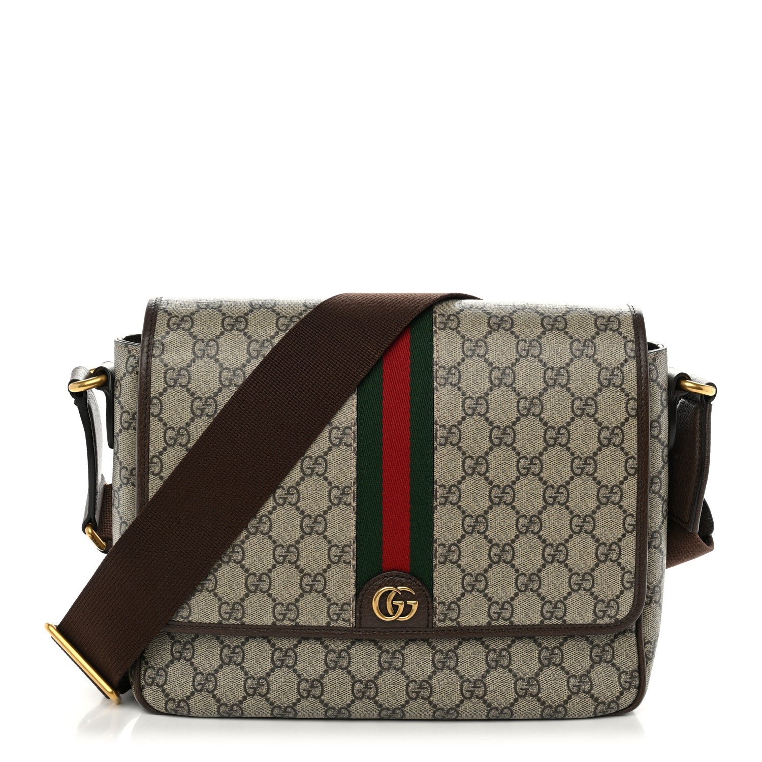 Gucci Tender GG Supreme Monogram Textured Dollar Calfskin Ophidia Messenger Bag Beige Ebony Dark Brown