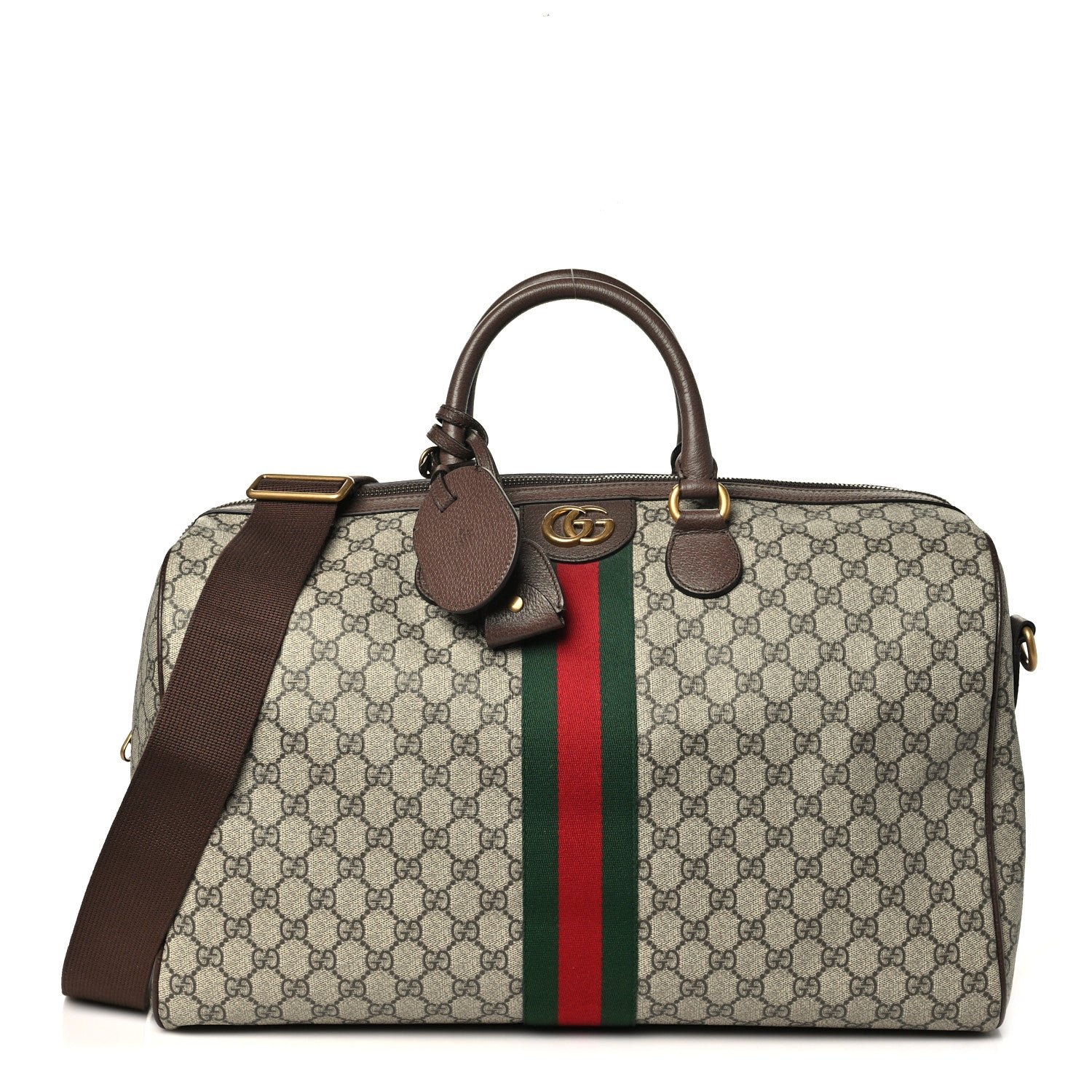 Gucci GG Supreme Monogram Textured Dollar Calfskin Web Medium Ophidia Carry-On Duffle Bag Beige Ebony New Acero