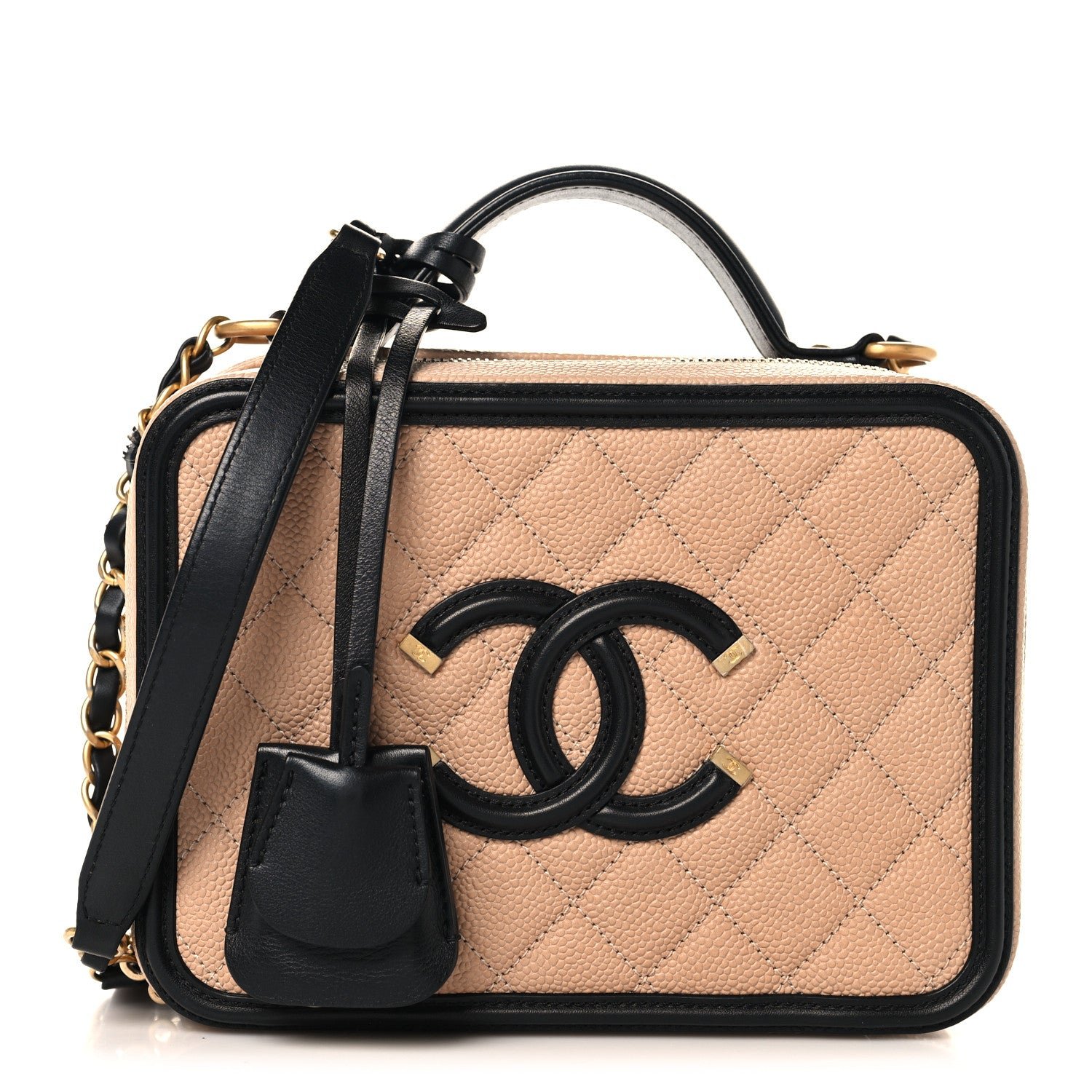 Chanel Caviar Quilted Medium CC Filigree Vanity Case Beige Black