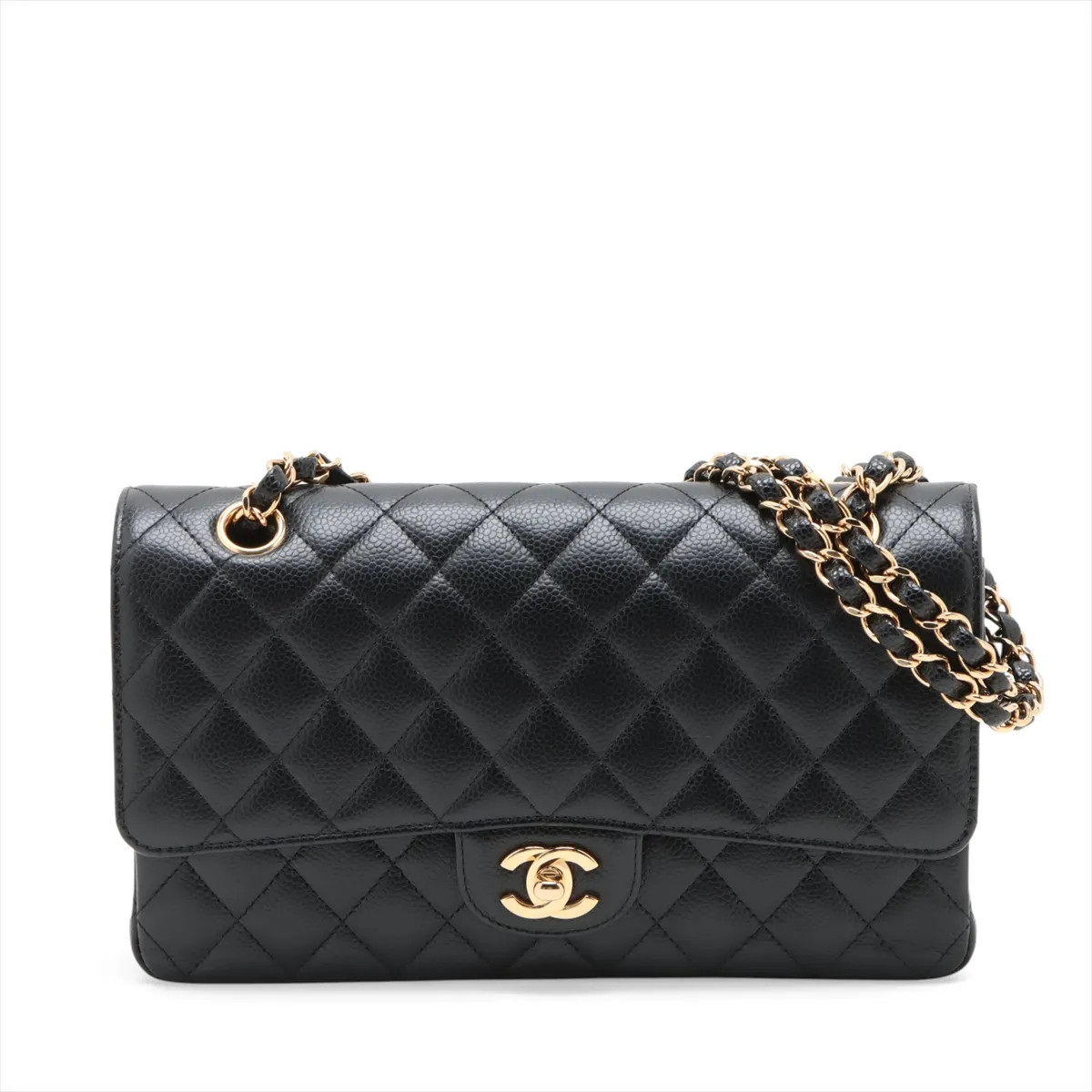 Chanel Matelasse 25 Caviar Skin Double Flap Double Chain Bag Black Gold Metal Fi