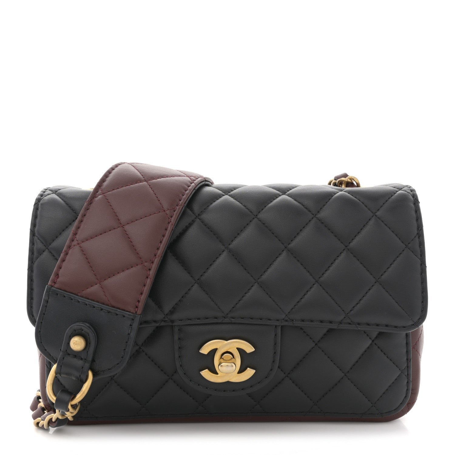 Chanel Calfskin Quilted Small Strap Into Flap Bag Black Burgundy