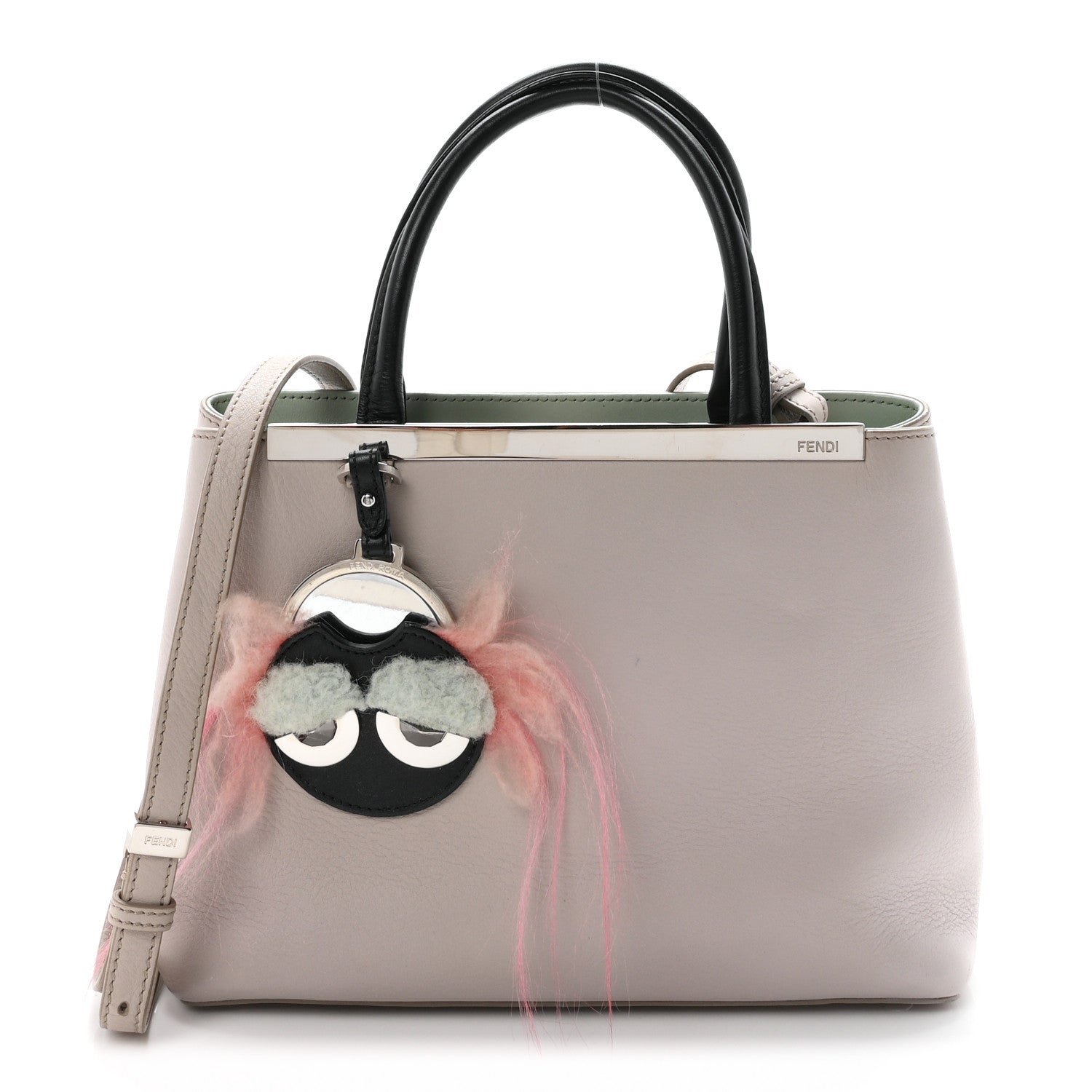 Fendi Vitello Dolce Fox Goat Bi-Color Sad Eyes Mirror Charm Petite 2Jours Tote Grigio Polvere Black
