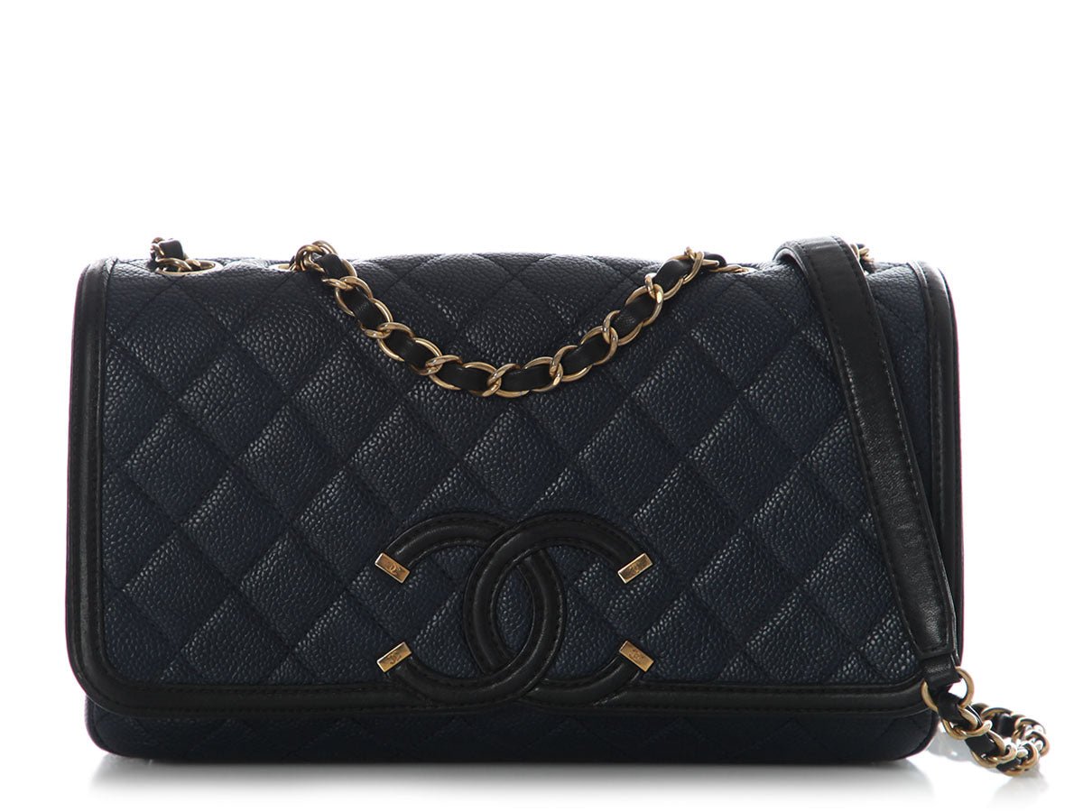 Chanel Medium Navy and Black Quilted Caviar CC Filigree Flap