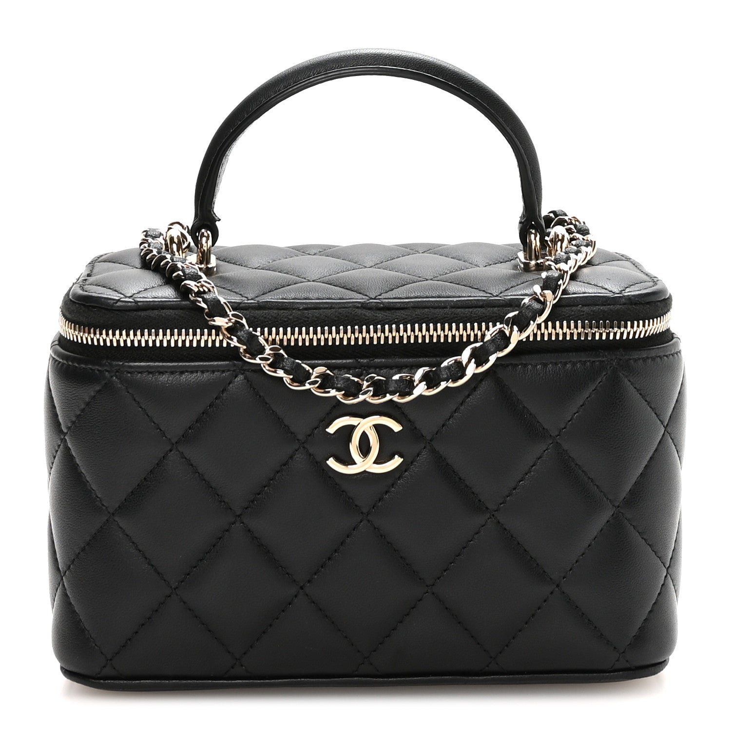 Lambskin Quilted Small Top Handle Vanity Case With Chain Black
