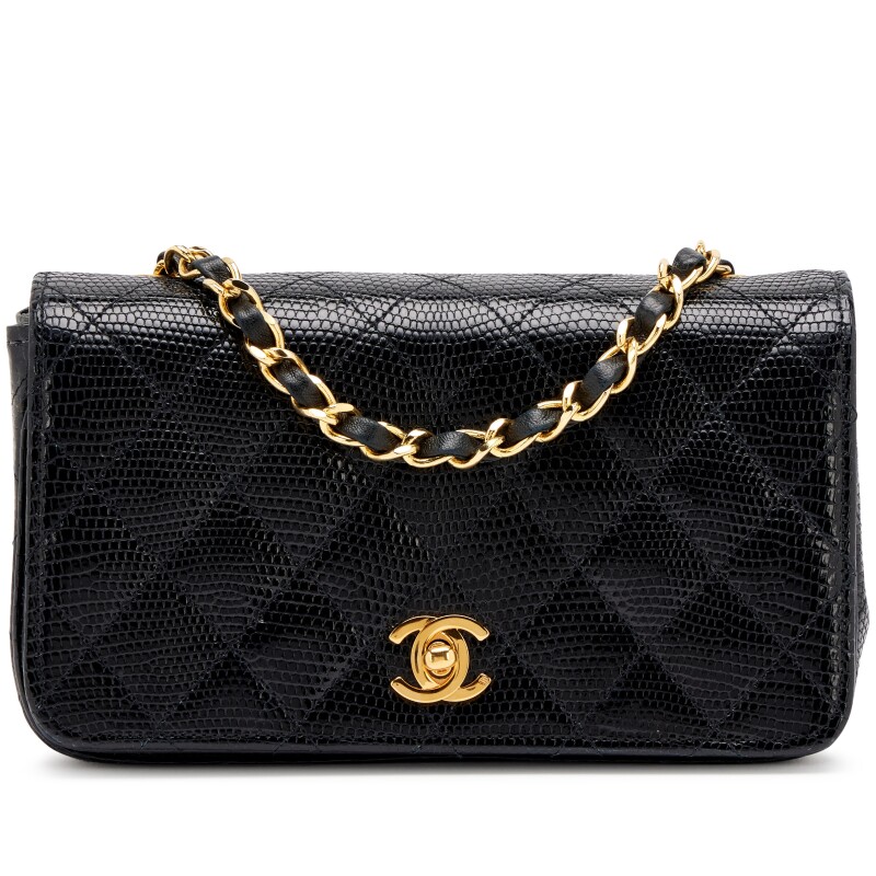 Vintage Black Quilted Lizard Mini Full Flap Bag Gold Hardware, 1989-1991