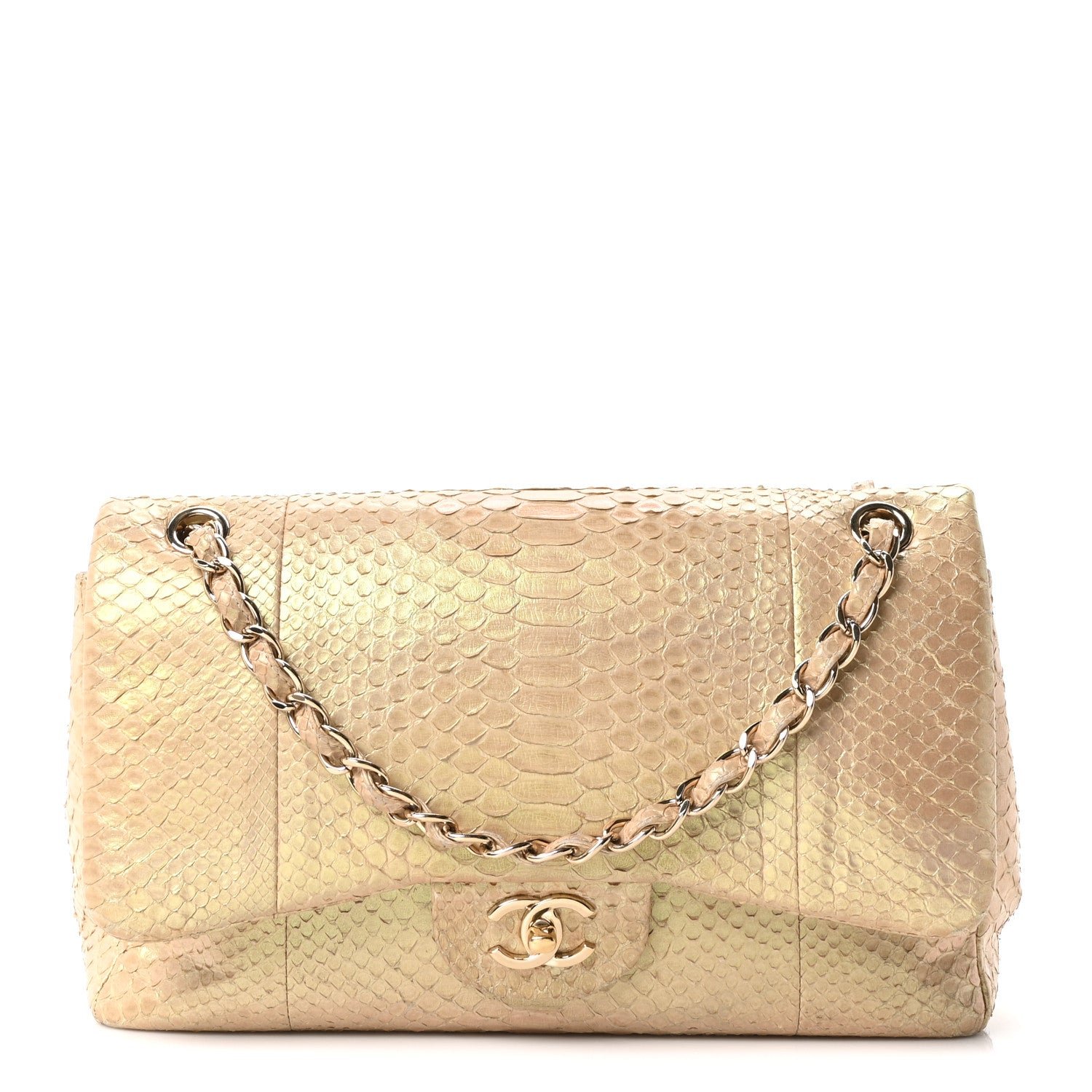 Chanel Metallic Snakeskin Jumbo Double Flap Light Beige