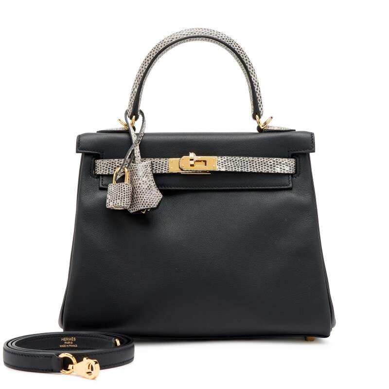 Limited Edition Black Swift and Ombré Salvator Lizard Touch Retourne Kelly 25 Gold Hardware, 2024