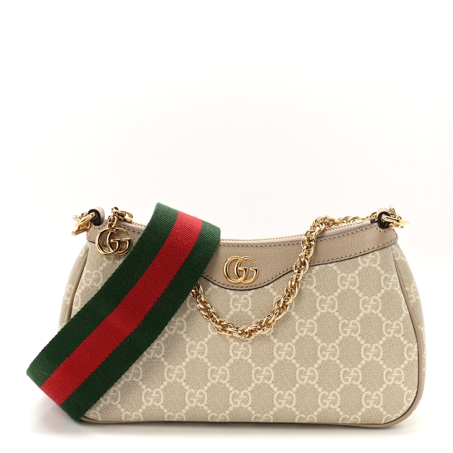 Gucci GG Supreme Monogram Textured Dollar Calfskin Web Small Ophidia GG Handbag Beige Mystic White Oatmeal