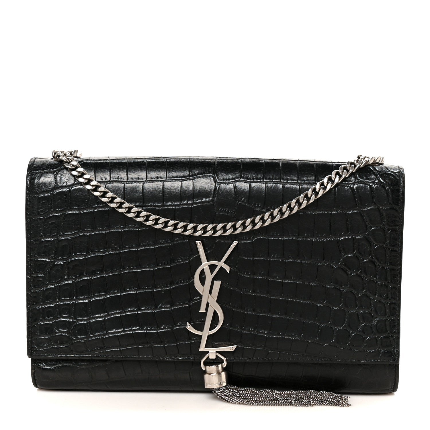 Saint Laurent Calfskin Crocodile Embossed Medium Classic Monogram Kate Tassel Satchel Black