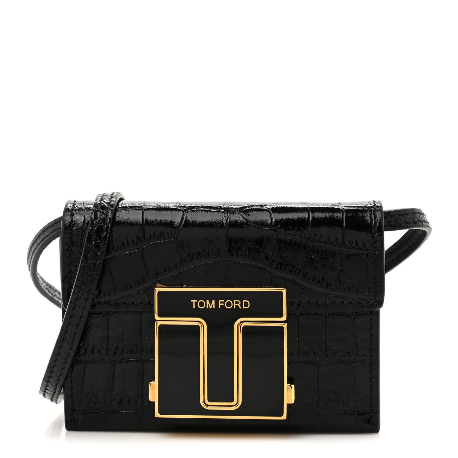 Tom Ford Calfskin Crocodile Embossed Mini T Clasp Accordion Wallet With Strap Black
