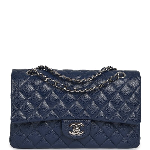 Pre-owned Chanel Medium Classic Double Flap Bag Navy Blue Caviar Silver Hardware