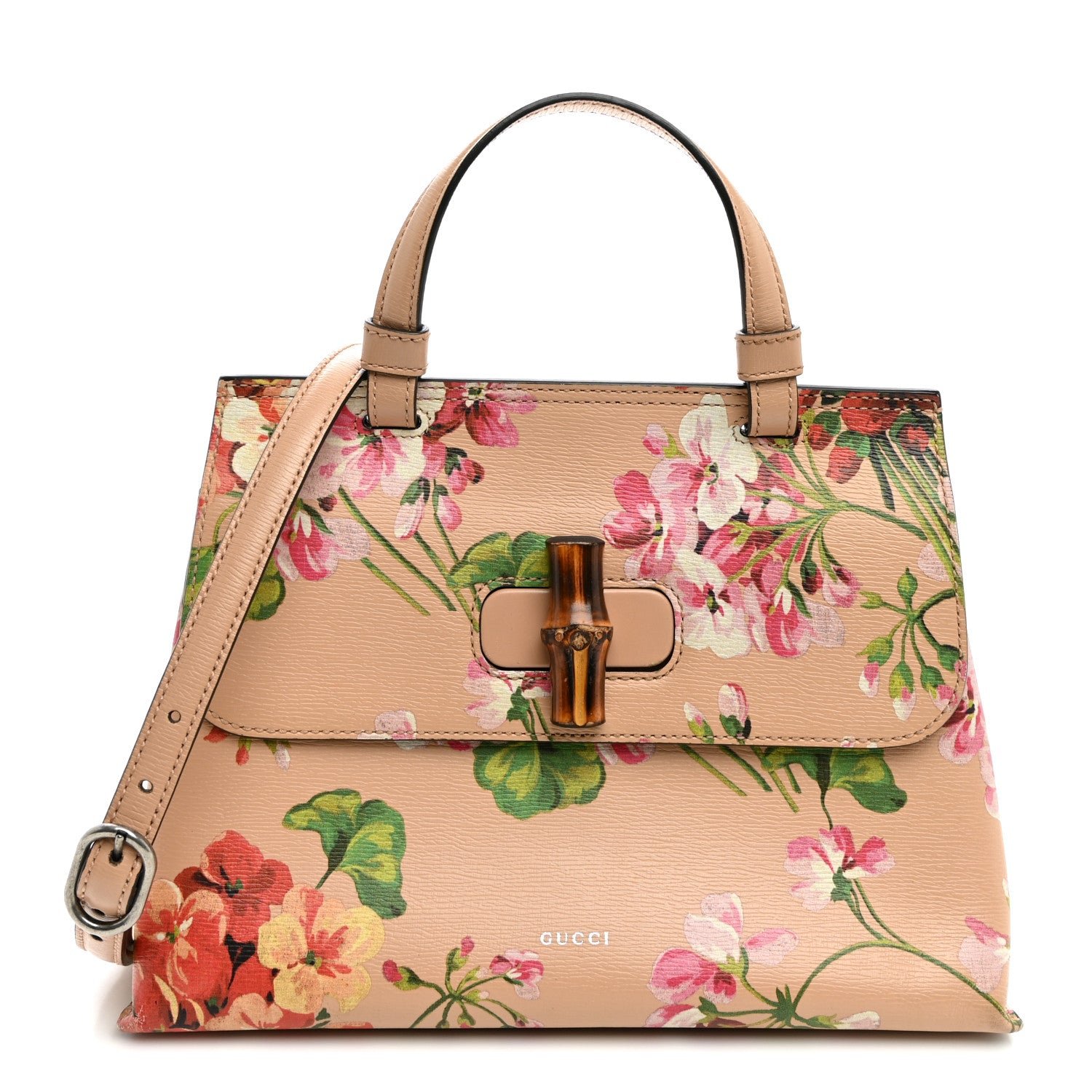 Gucci Shangai Calfskin Blooms Print Small Bamboo Daily Top Handle Bag Pink Apricot Multicolor