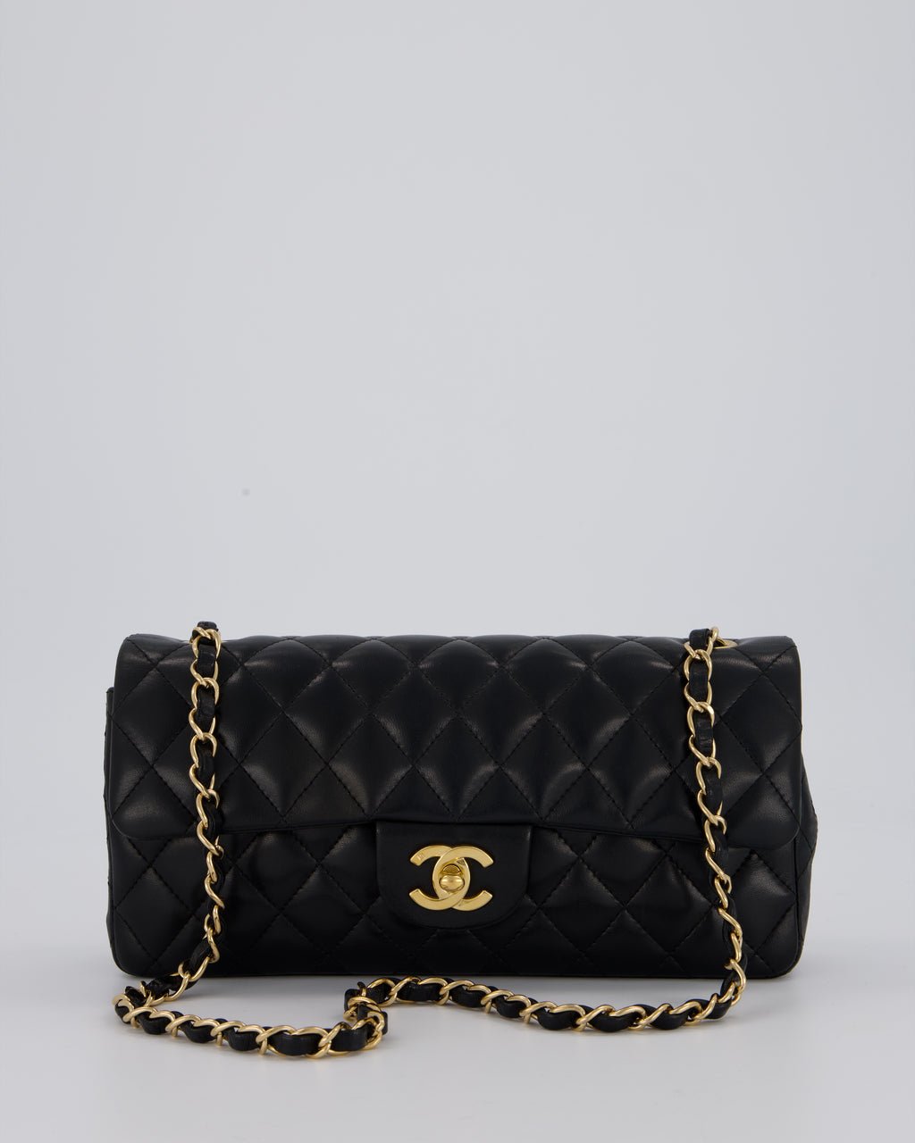 *RARE* Chanel Vintage Black East West Flap Bag In Lambskin Leather with Gold Hardware