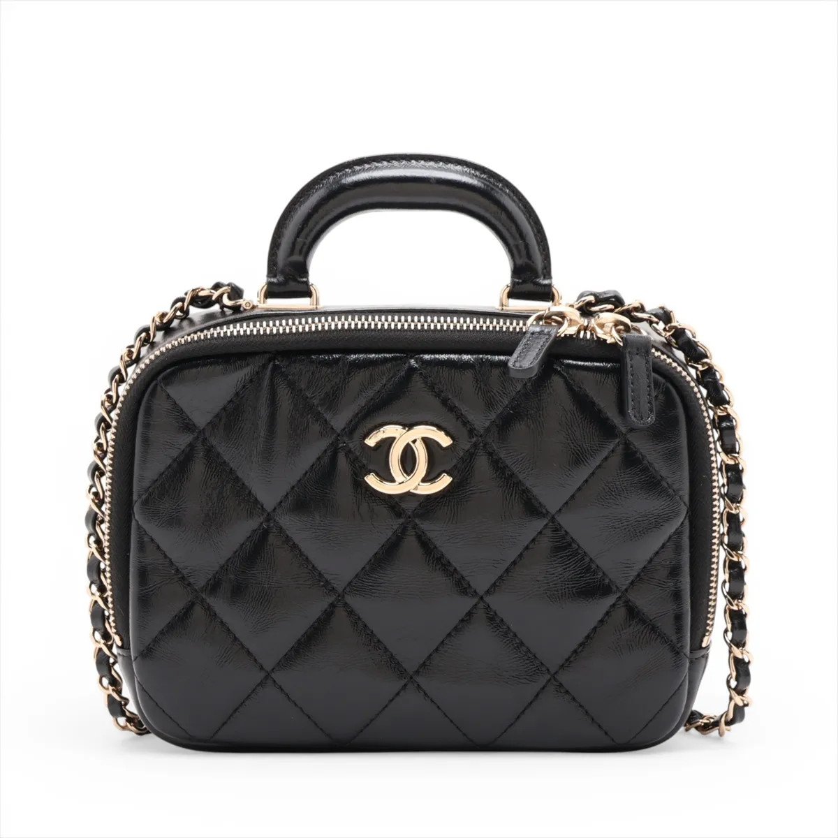 Chanel Matelasse Leather 2 Way Shoulder Bag Top Handle Black Gold Metal Fittings