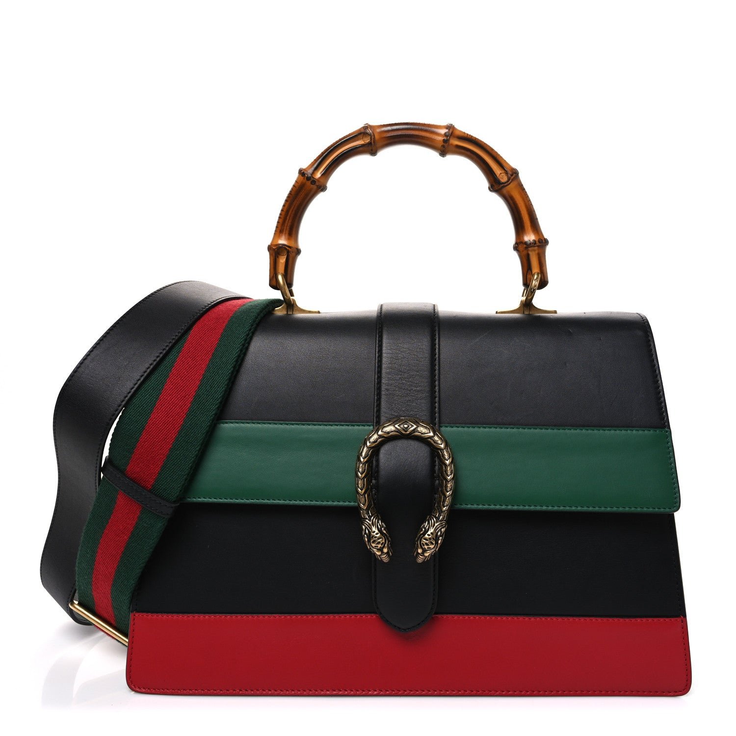 Gucci Calfskin Bamboo Web Large Dionysus Top Handle Bag Black Bright Evergreen Hibiscus Red