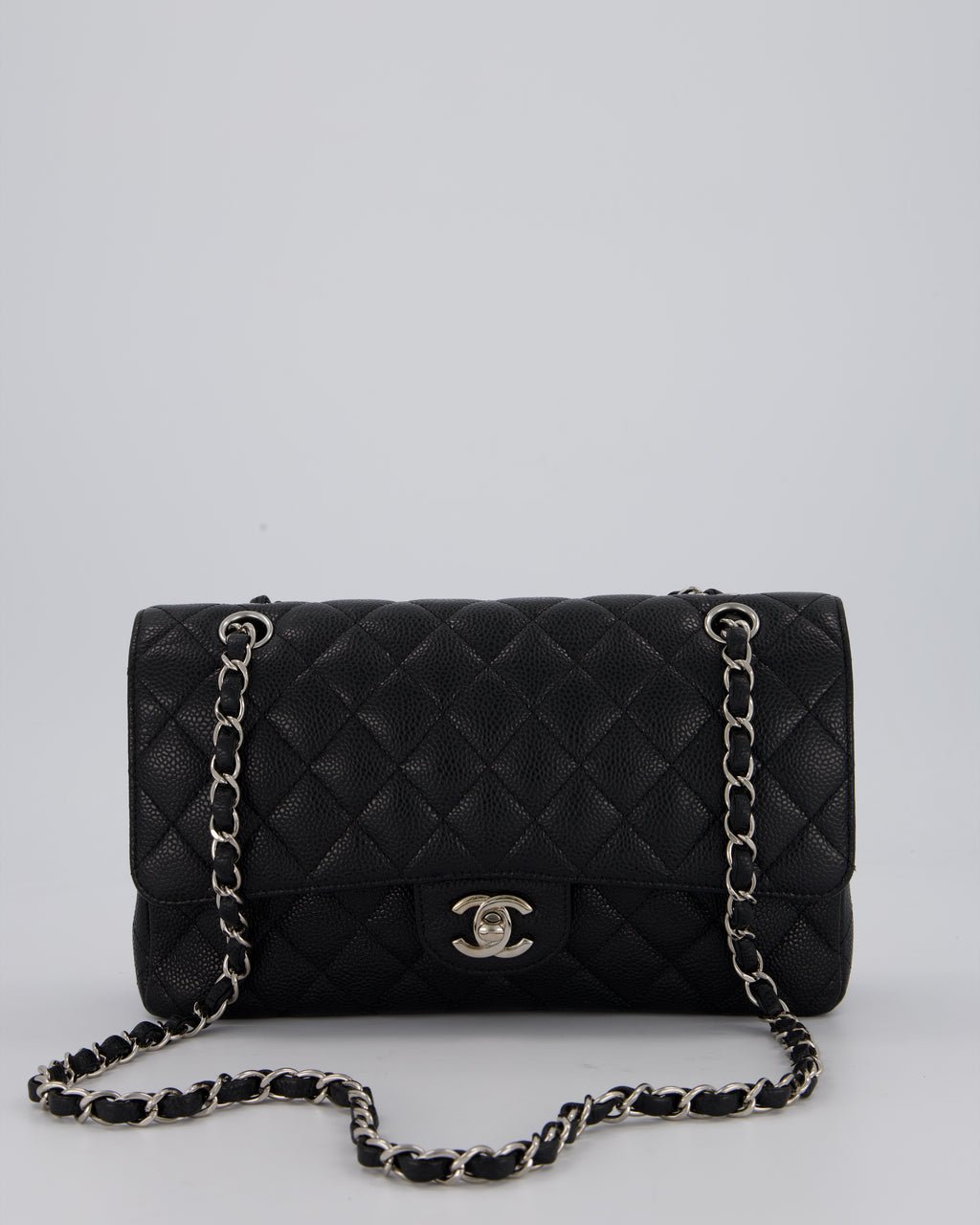 Chanel Medium Black Classic Double Flap Bag in Caviar Leather with Silver Hardware