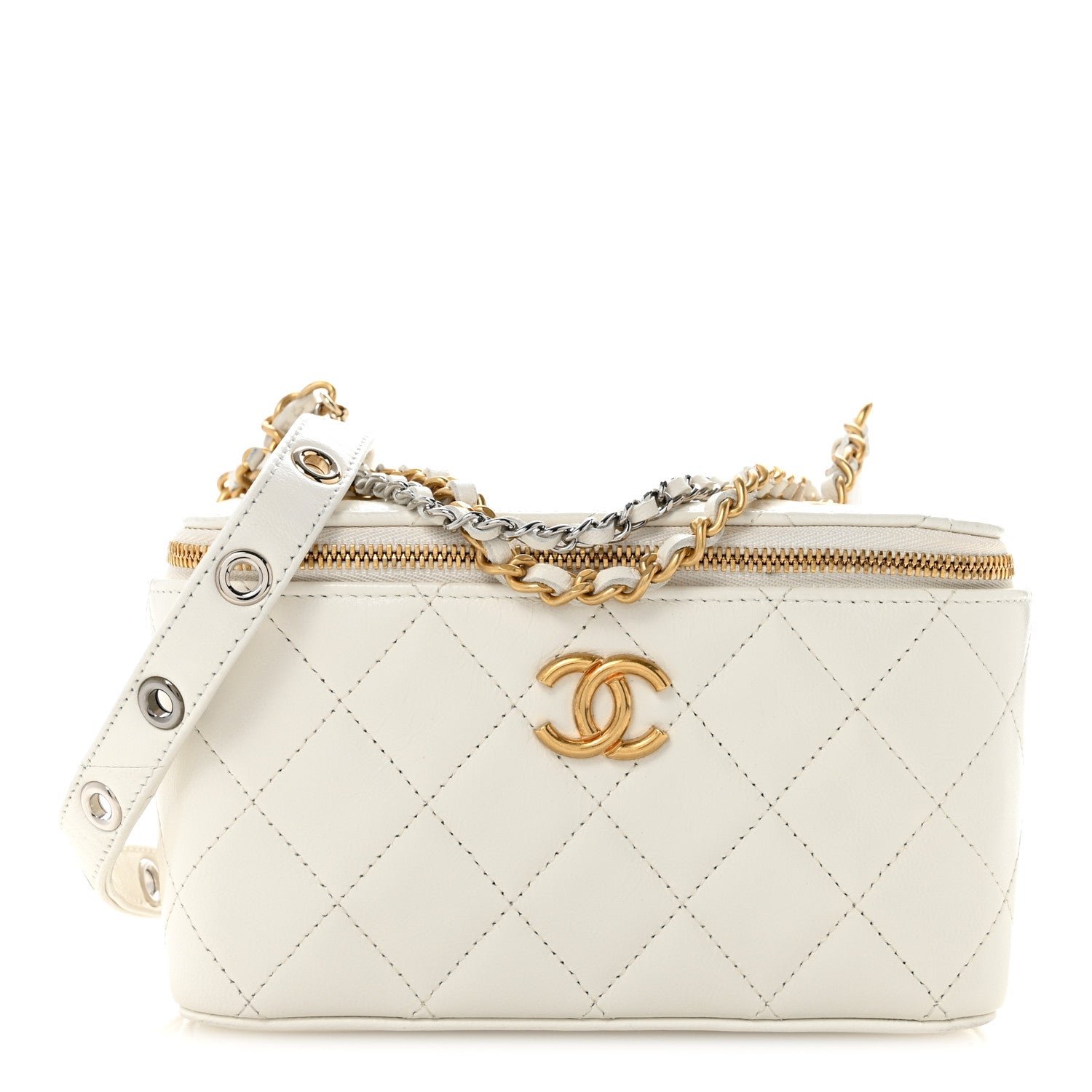 Chanel Goatskin Quilted Punk Essentials Vanity Case With Chain White