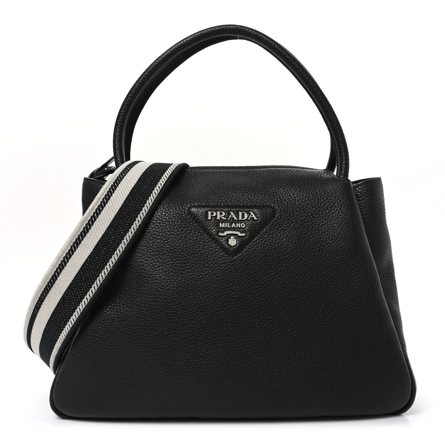 Prada Vitello Daino Soft Medium Zippered Top Handle Bag Black