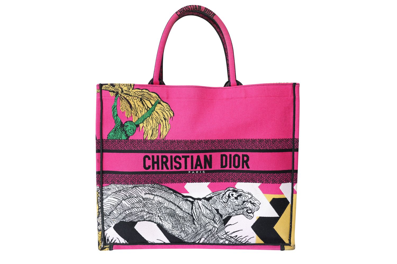 Dior Dior D-Jungle Pop Book Tote Large, Fuchsia and Multicolored Embroidered Canvas, Preowned in Box WA001